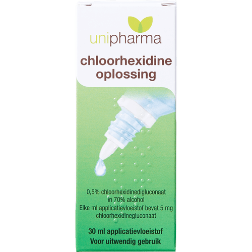Foto van Unipharma Chloorhexidine 0.5% op witte achtergrond