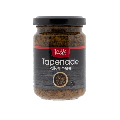 Foto van Deli Di Paolo Tapenade zwarte olijven op witte achtergrond