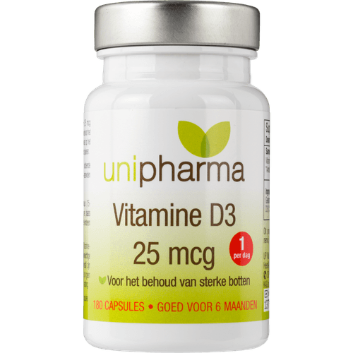 Foto van Unipharma Vitamine D3 25mcg op witte achtergrond