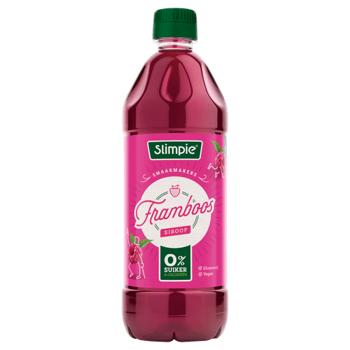 Foto van Slimpie Limonadesiroop framboos op witte achtergrond