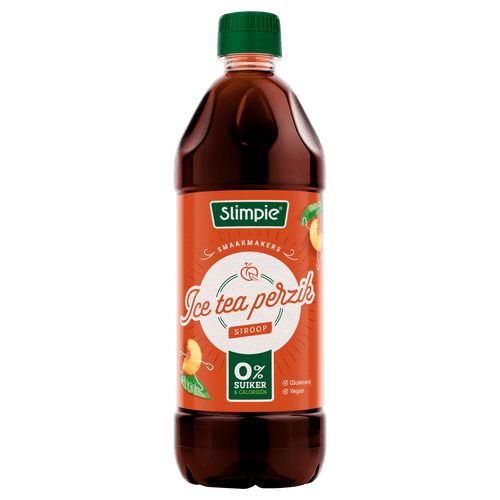 Foto van Slimpie Limonadesiroop ice tea peach 0% op witte achtergrond