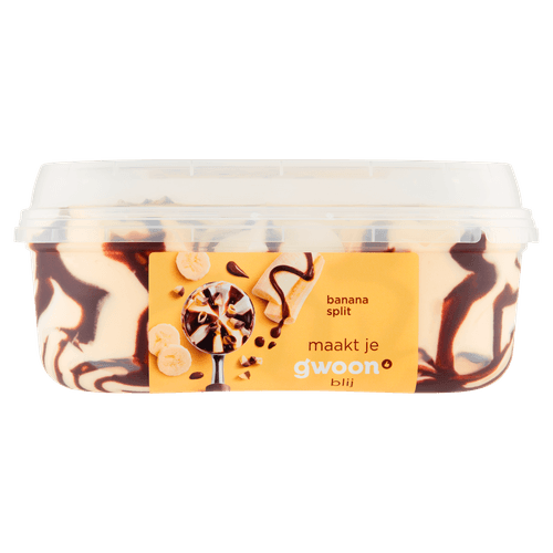 Foto van G'woon Roomijs banana split op witte achtergrond