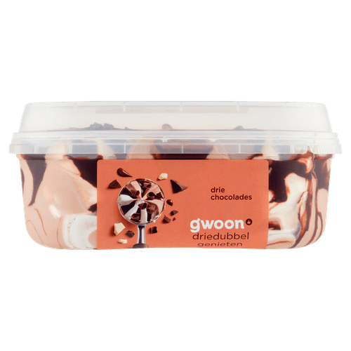 Foto van G'woon Roomijs 3 chocolades op witte achtergrond