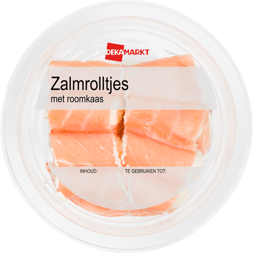 Foto van DekaMarkt Zalmrolletjes met roomkaas op witte achtergrond