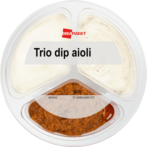 Foto van DekaMarkt Trio dip aioli truffelmayo tomaat op witte achtergrond