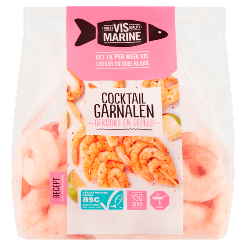 Foto van Vis Marine Cocktailgarnalen staart gepeld op witte achtergrond