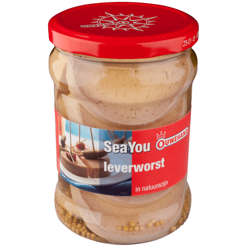 Foto van Ouwehand Leverworst in azijn op witte achtergrond