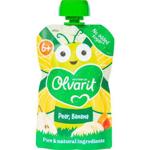 Foto van Olvarit Knijpfruit 6+ Maanden Peer Banaan op witte achtergrond