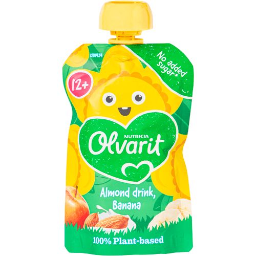 Foto van Olvarit Knijpfruit 12+ Maanden Amandeldrink Banaan op witte achtergrond