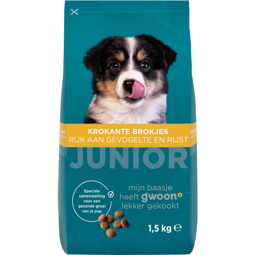 Foto van G'woon Hondenvoer junior gevogelte-rijst op witte achtergrond