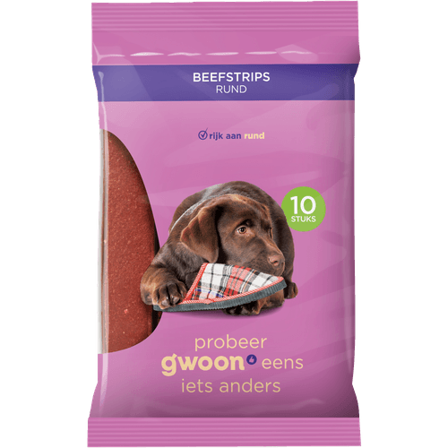 Foto van G'woon Beefstrips voor hond op witte achtergrond