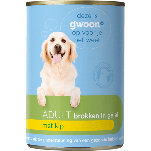 Foto van G'woon Hondenvoer kip in gelei op witte achtergrond