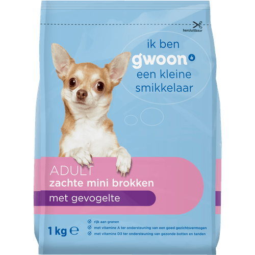 Foto van G'woon Hondenvoer adult zachte mini brokken gevogelte op witte achtergrond