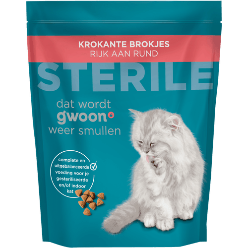 Foto van G'woon Kattenvoer sterile krokante brokjes met rund op witte achtergrond