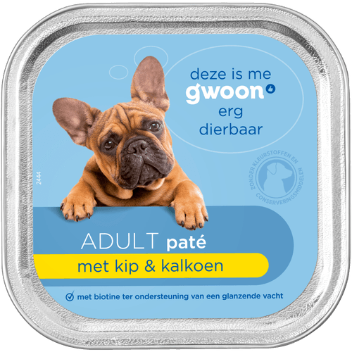 Foto van G'woon Hondenvoer alu pate kip op witte achtergrond