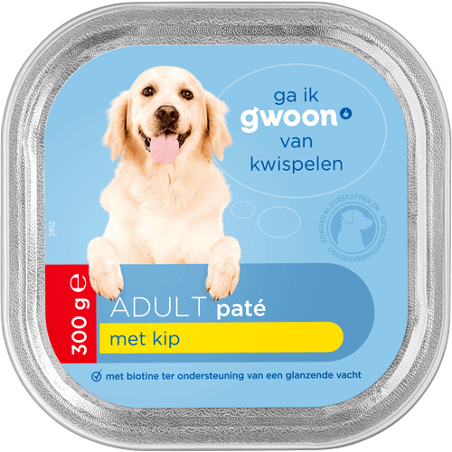 Foto van G'woon Hondenvoer alu pate kip op witte achtergrond