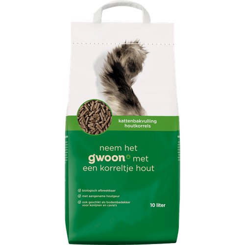 Foto van G'woon Kattenbakvulling houtkorrels op witte achtergrond