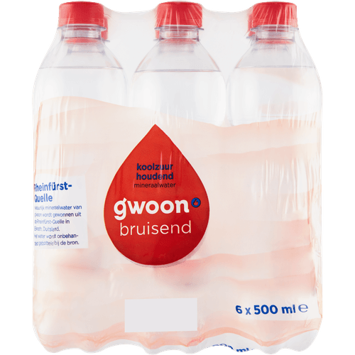 Foto van G'woon Mineraalwater koolzuurhoudend 6x500ml op witte achtergrond