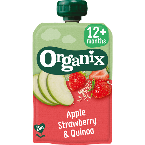 Foto van Organix Just apple, strawberry & quinoa op witte achtergrond