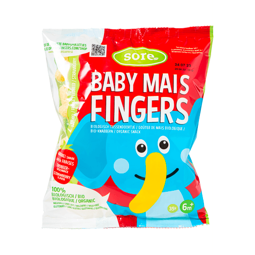 Foto van Sore Baby maïs fingers 6+ maanden aardbei op witte achtergrond