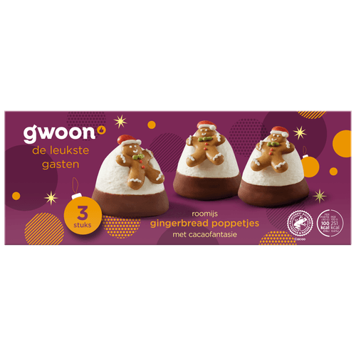 Foto van G'woon Gingerbread poppetjes roomijs 3 stuks op witte achtergrond