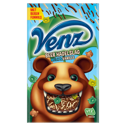 Foto van Venz Hagelslag beer melk/vanille op witte achtergrond