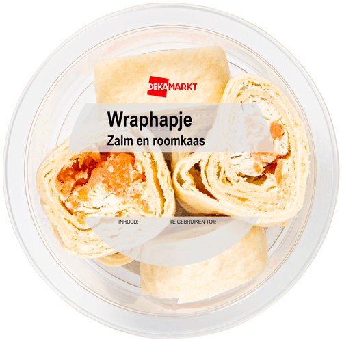 Foto van DekaMarkt Wraphapjes met zalm op witte achtergrond