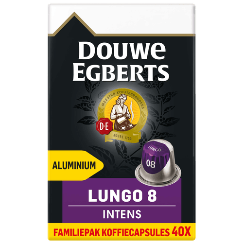 Foto van Douwe Egberts Lungo Intens koffiecups voordeelpak op witte achtergrond