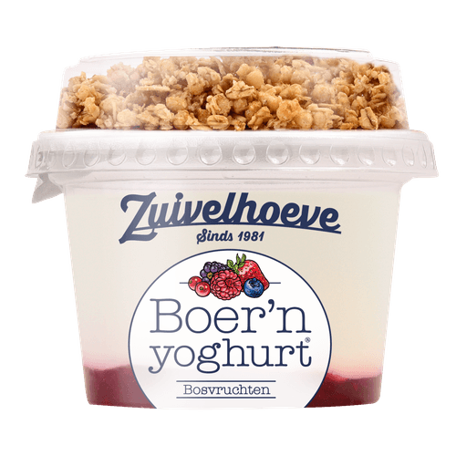 Foto van Zuivelhoeve Boern yoghurt muesli bosvruchten op witte achtergrond