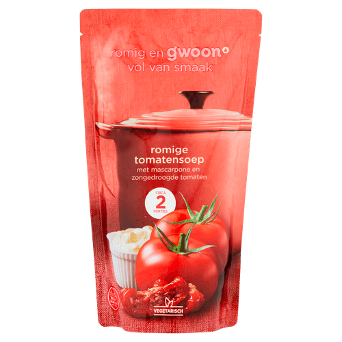 Foto van G'woon Soep in zak romige tomaat op witte achtergrond