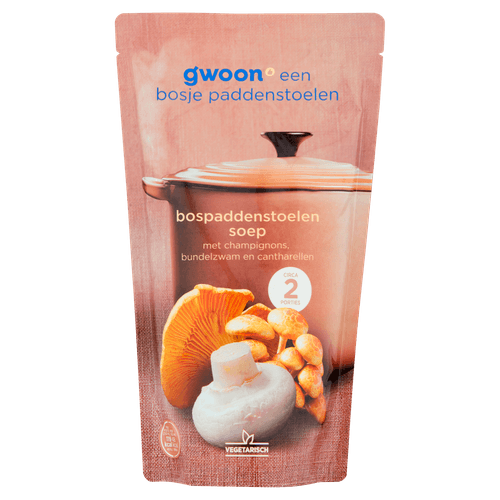Foto van G'woon Soep in zak bospaddenstoelen op witte achtergrond