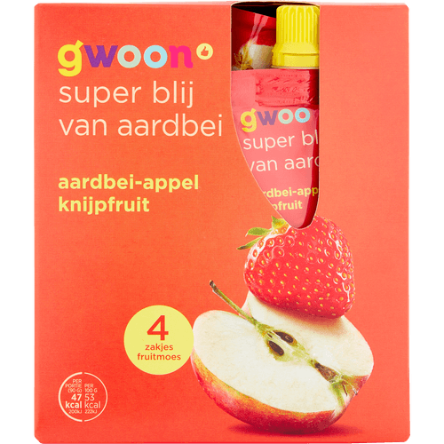 Foto van G'woon Knijpfruit appel-aardbei 4 stuks op witte achtergrond