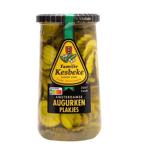 Foto van Kesbeke Amsterdamse augurkenplakjes zoetzuur op witte achtergrond