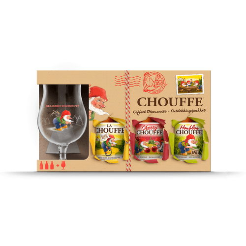 Foto van La Chouffe Geschenkverpakking 3 fles met glas op witte achtergrond