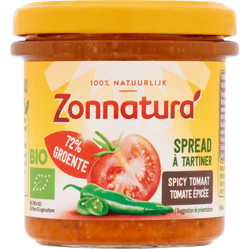 Foto van Zonnatura Groentespread spicy tomaat op witte achtergrond