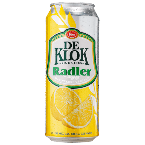 Foto van De Klok Radler citroen op witte achtergrond