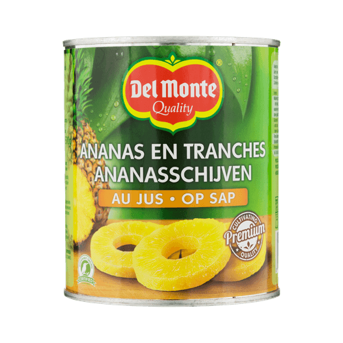 Foto van Del Monte Ananasschijven op sap op witte achtergrond