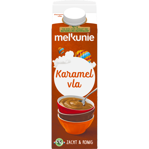 Foto van Melkunie Karamel vla op witte achtergrond