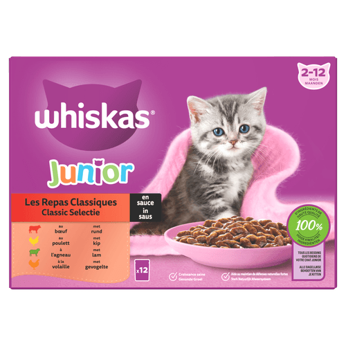 Foto van Whiskas Kattenvoer junior classic selectie 12st op witte achtergrond
