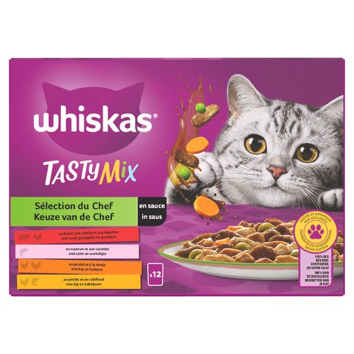 Foto van Whiskas Kattenvoer tasty mix vlees saus 1+ jaar op witte achtergrond