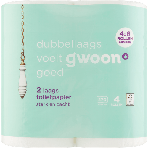 Foto van G'woon Toiletpapier 4 rollen 2-laags maxi rol op witte achtergrond