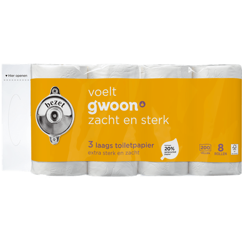 Foto van G'woon Toiletpapier 8 rollen 3-laags op witte achtergrond