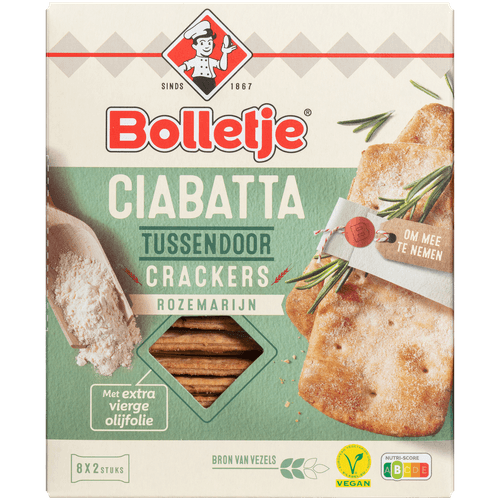 Foto van Bolletje Ciabatta tussendoor crackers rozemarijn op witte achtergrond