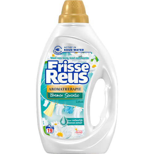 Foto van Frisse Reus Vloeibaar wasmiddel lotus amandel 19 wasbeurten op witte achtergrond