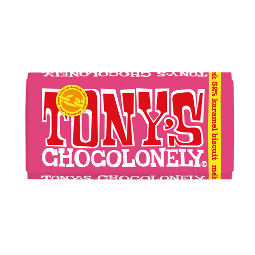 Foto van Tony's Chocolonely Chocolonely melk karamel biscuit op witte achtergrond