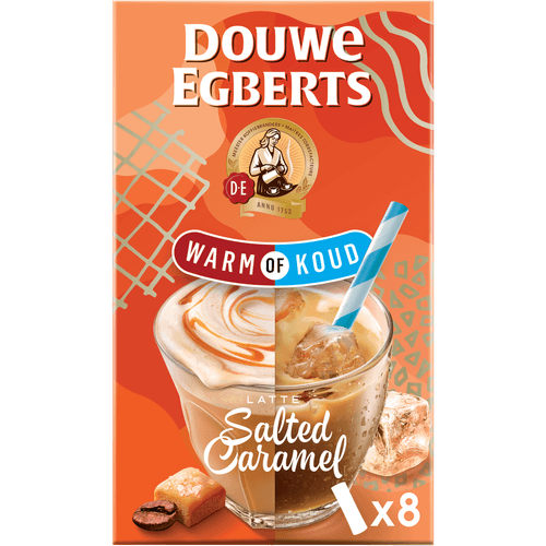 Foto van Douwe Egberts Oploskoffie warm of koud latte salted caramel 8 stuks op witte achtergrond