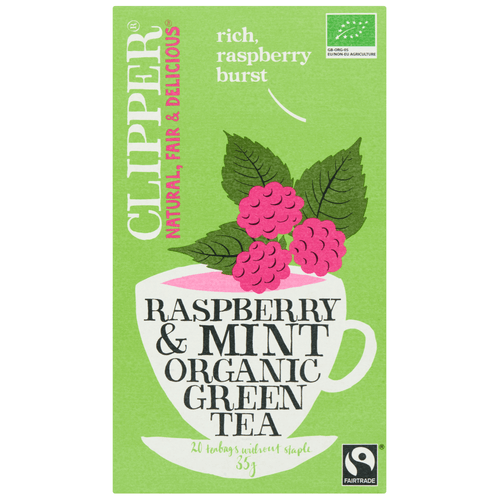 Foto van Clipper Raspberry & mint organic green tea op witte achtergrond