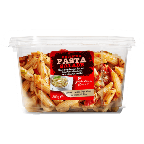 Foto van De Ambachtelijke Keuken Pastasalade zontomaat op witte achtergrond