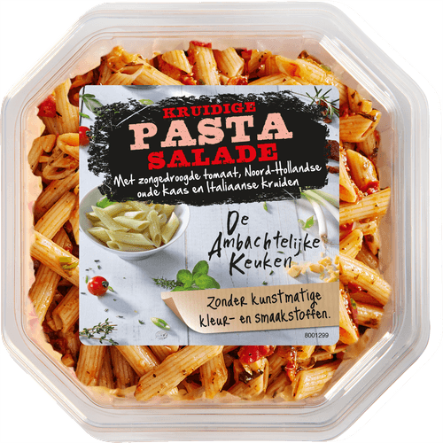 Foto van De Ambachtelijke Keuken Pastasalade zontomaat op witte achtergrond