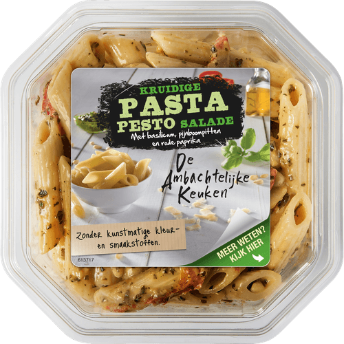 Foto van De Ambachtelijke Keuken Pastasalade pesto op witte achtergrond